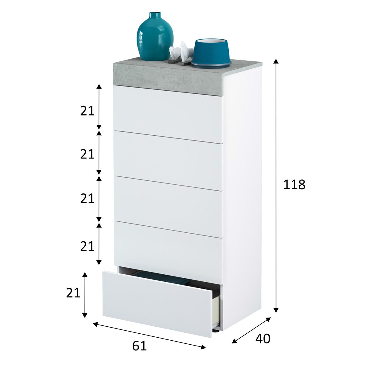 COMODA 5 CAJONES BLANCO- GRIS