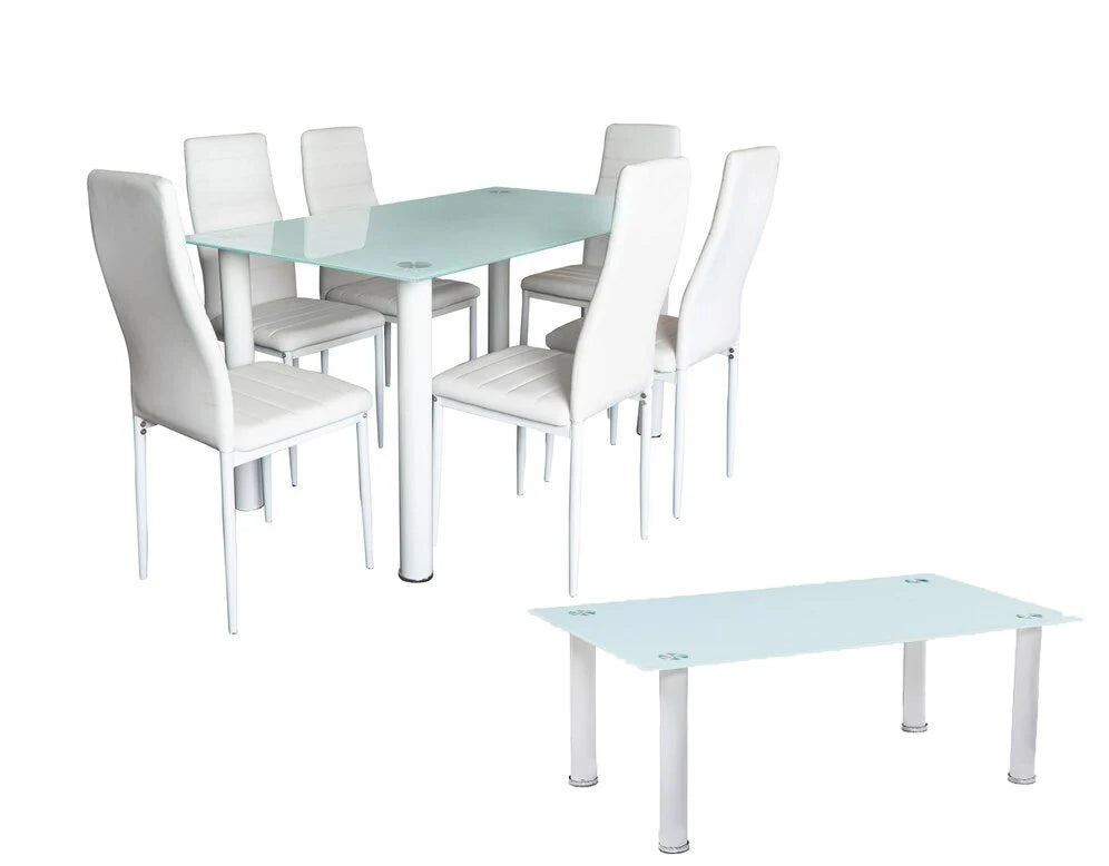 MESA DE CRISTAL CON 6 SILLAS EN POLIPIEL PRISMA