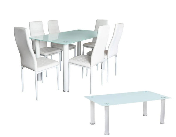MESA DE CRISTAL CON 6 SILLAS EN POLIPIEL PRISMA