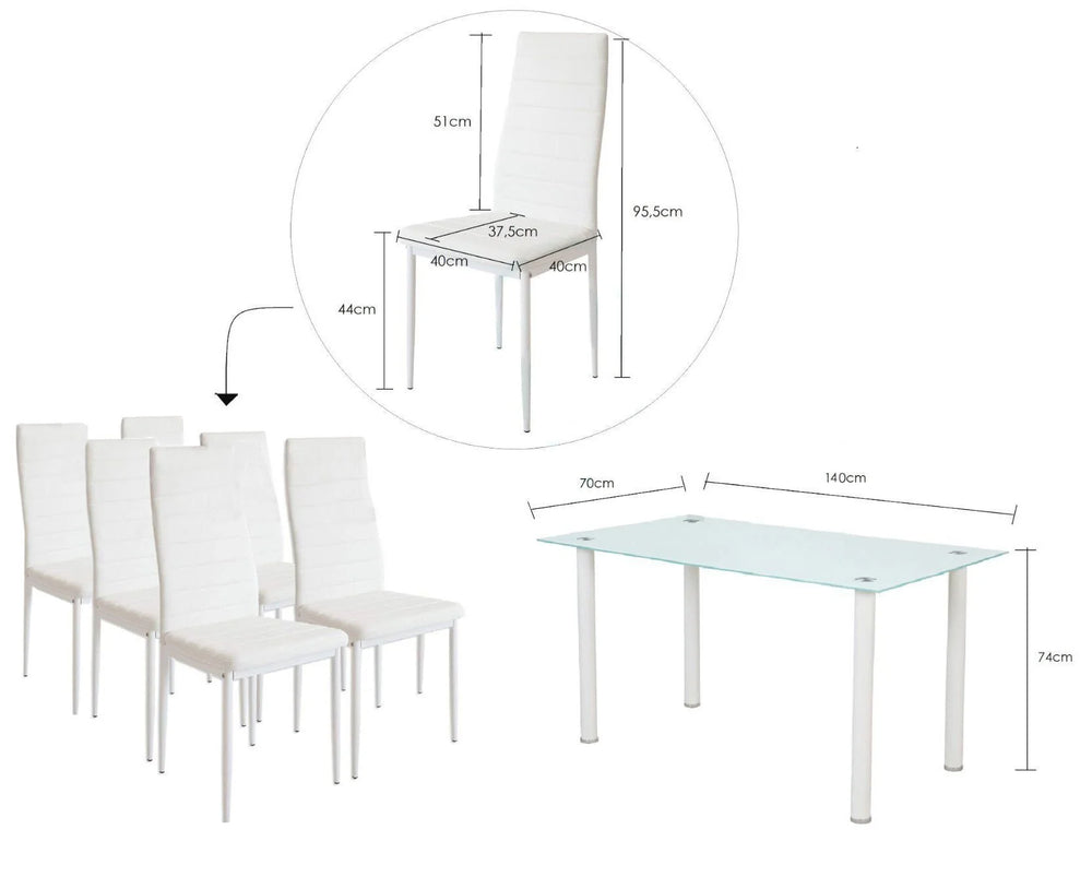 MESA DE CRISTAL CON 6 SILLAS EN POLIPIEL PRISMA