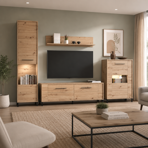 MUEBLE DE SALON 299CM CON VITRINA Y BODEGUERO ANNA