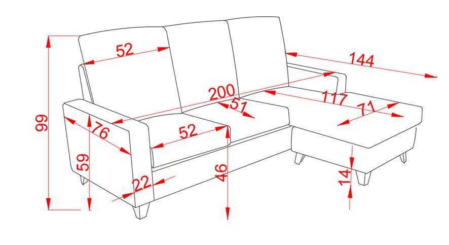 SOFA CHAISELONGUE REVERSIBLE NOLIA 200CM