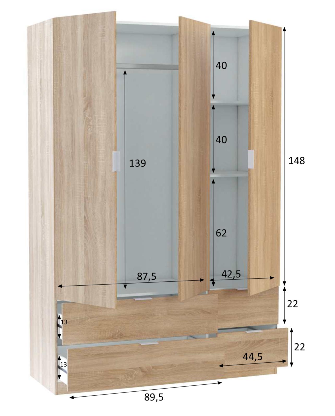 ARMARIO LC 3 PUERTAS+4CAJONES 135X200